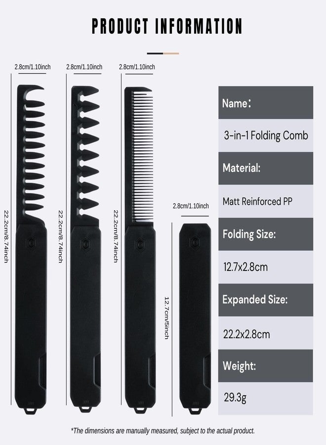 BARBERPLAN Protable Folding Pocket Comb for Men, 3 in 1 Hair Comb - Fine Tooth & Wide Tooth Comb, for Everyday Grooming & Combing Hair, Beards and Mustaches (Black) - Image 2